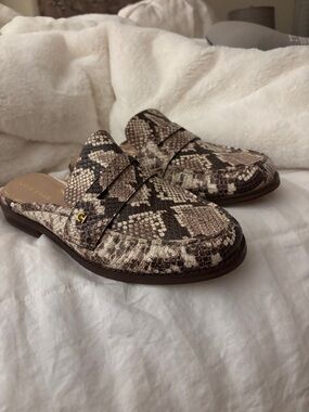 Cole Haan Snake-Print Slip-On Mules in Brown and Cream